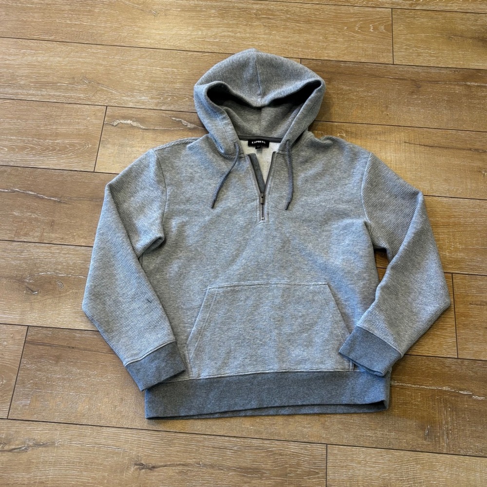 Express Mens Quarter Zip Hoodie Grey Ribbed Knit Pullover Size M